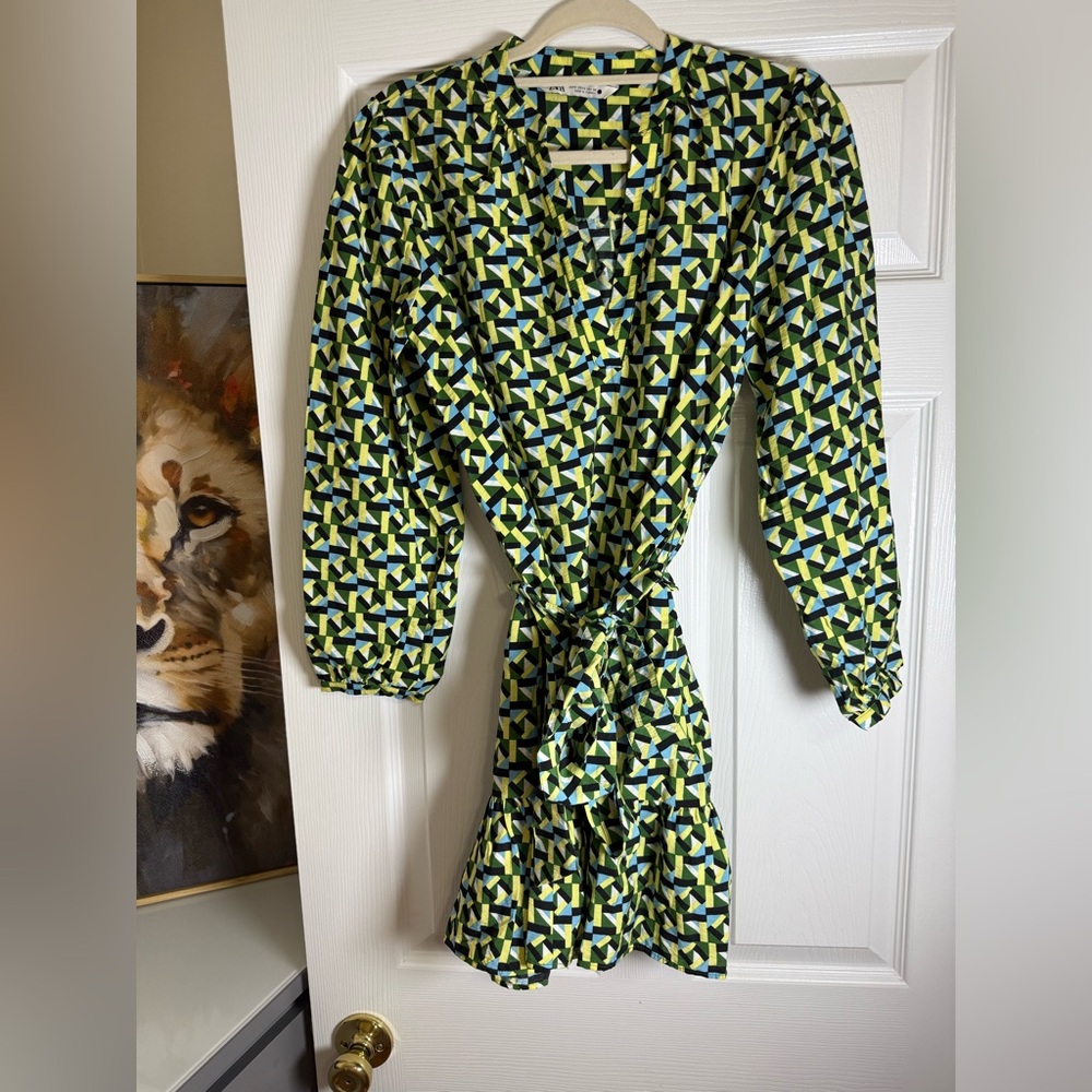 Zara Geometric Wrap Dress in Lime, Navy & White